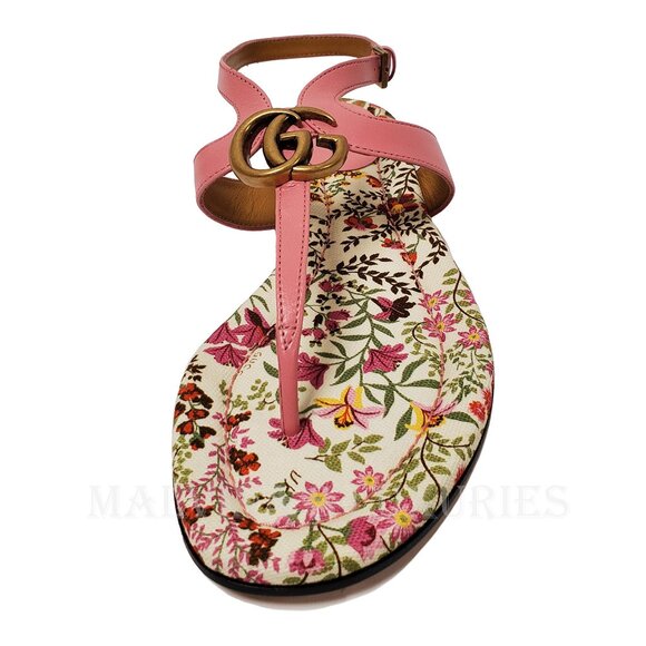 GUCCI SHOES DOUBLE G MARMONT LOGO LEATHER THONG FLORAL SOLE SANDAL sz 40 10 - Picture 7 of 16